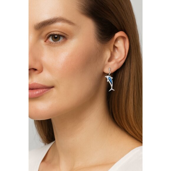 Silver Plated Dolphin Drop Earrings | Blue Abalone Inlay | Pierced Studs - Picture 4 of 9